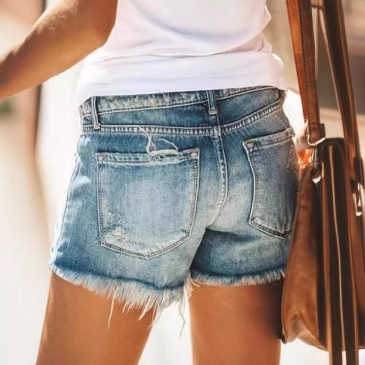 Damen trendige Destroyed Denim-Shorts mit ausgefransten Säumen und modischen Rissdetails Drune