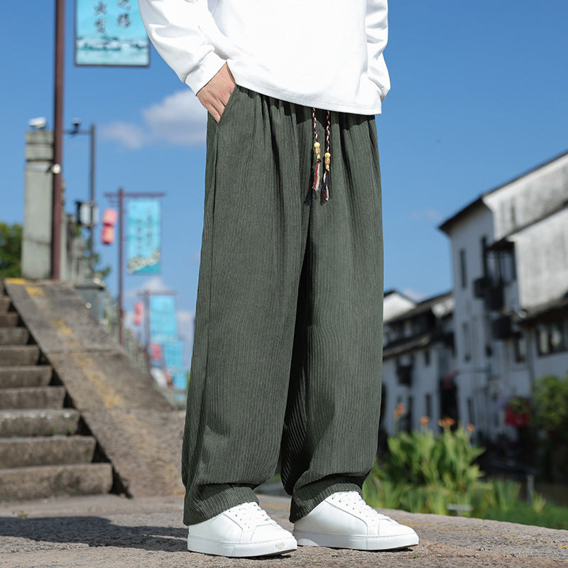 Herren Weit geschnittene Cord-Relaxhose mit elastischem Bund und Zierkordel Drune