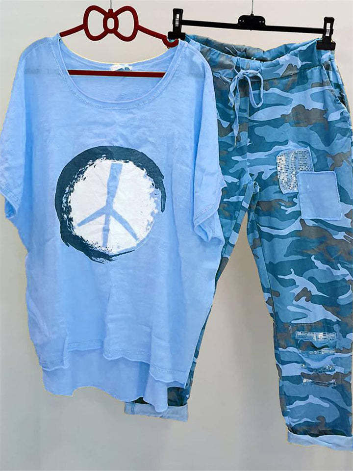 Damen nan lässiges Freizeit-Zweiteiler mit weit geschnittenem Leinenoptik-Shirt, Peace-Symbol und Camouflage-Jogpant mit Patchdetails Drune