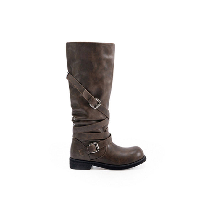 Damen Kniehohe Biker-Stiefel in Leder-Optik mit verstellbaren Schnallen Drune