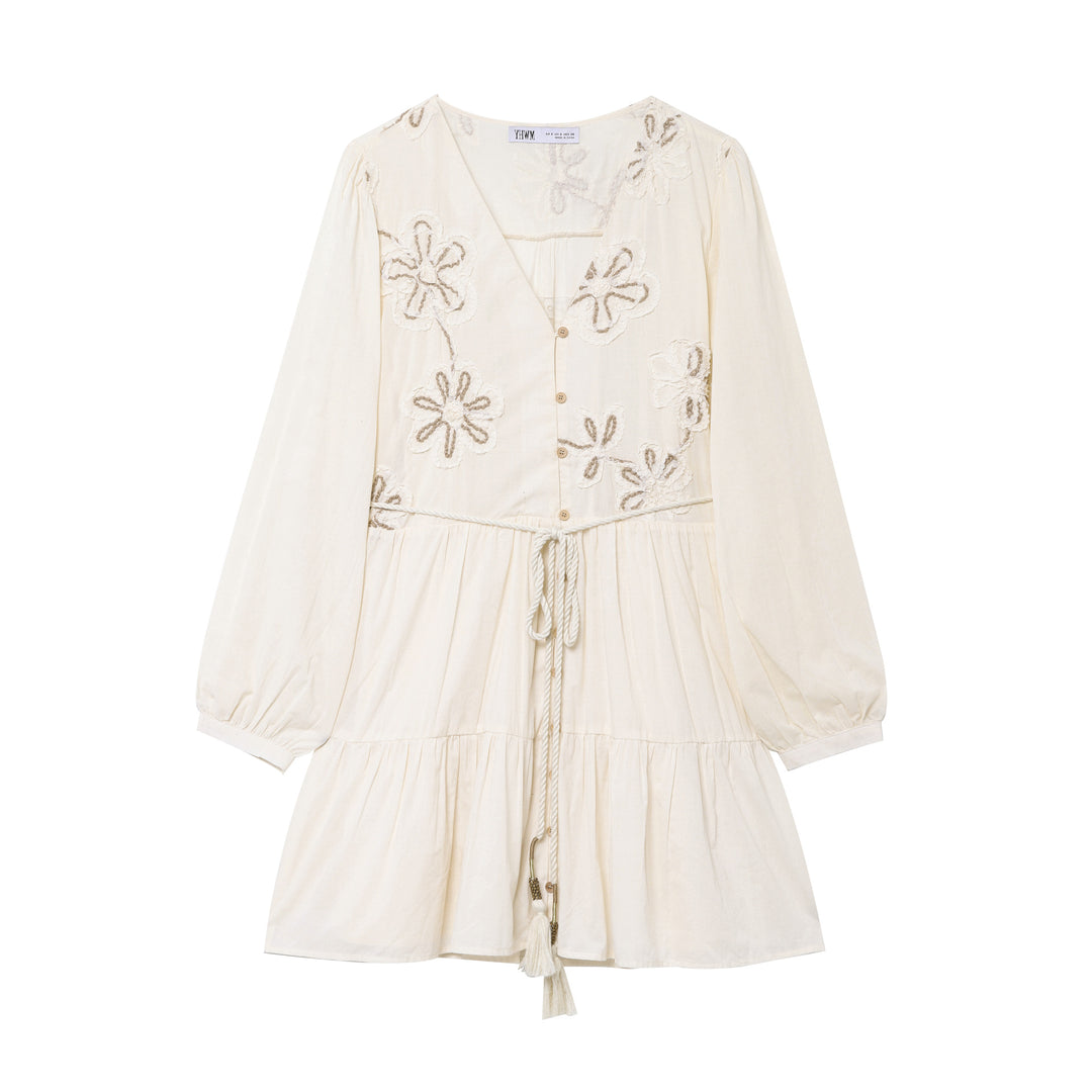 Damen Besticktes Boho-Kleid mit V-Ausschnitt Kordelzug und Stufenrock Drune