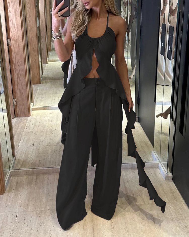 Damen Elegantes Zweiteiliges Set mit fließendem Oberteil und weitem Hosenbein Drune