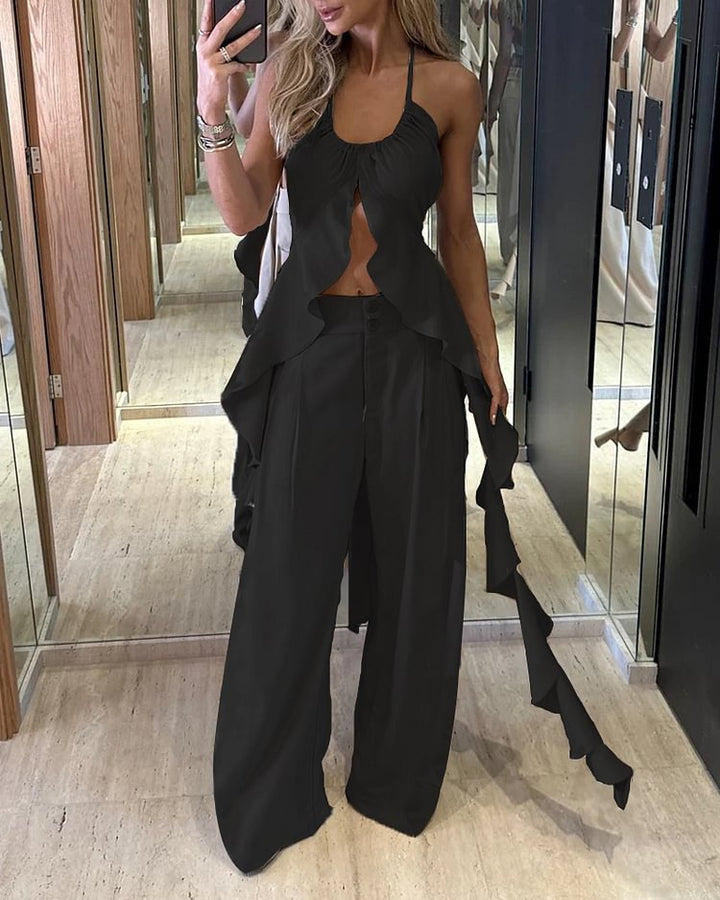 Damen Elegantes Zweiteiliges Set mit fließendem Oberteil und weitem Hosenbein Drune