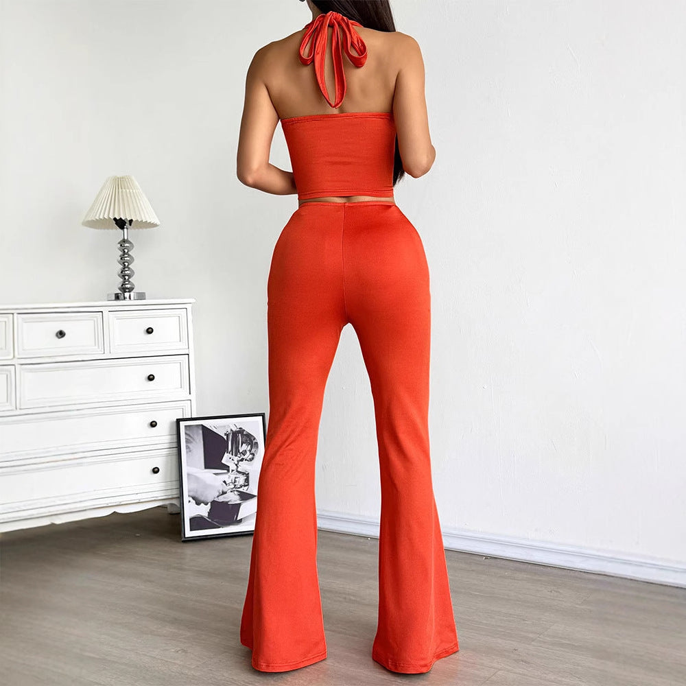 Damen Set aus gekräuseltem Top und flared Hose Drune
