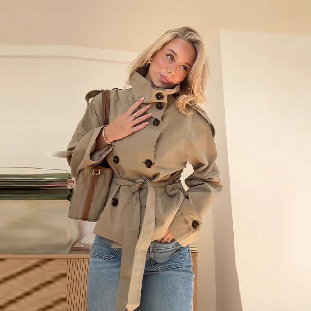 Damen modische Trenchjacke mit Taillengürtel und Stehkragen Drune