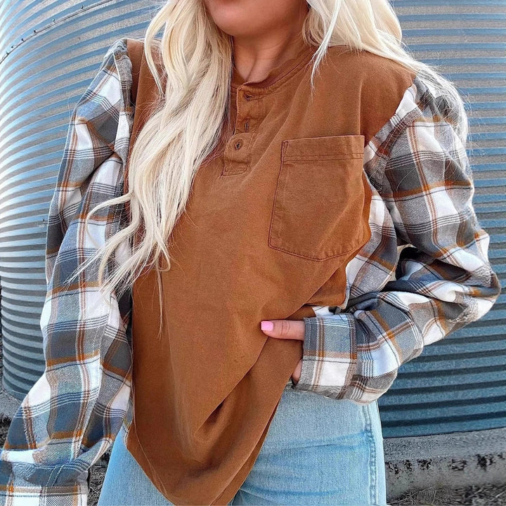 Damen nan weiter Henleypullover im Lagenlook mit karierten Ärmeln und Brusttasche Drune
