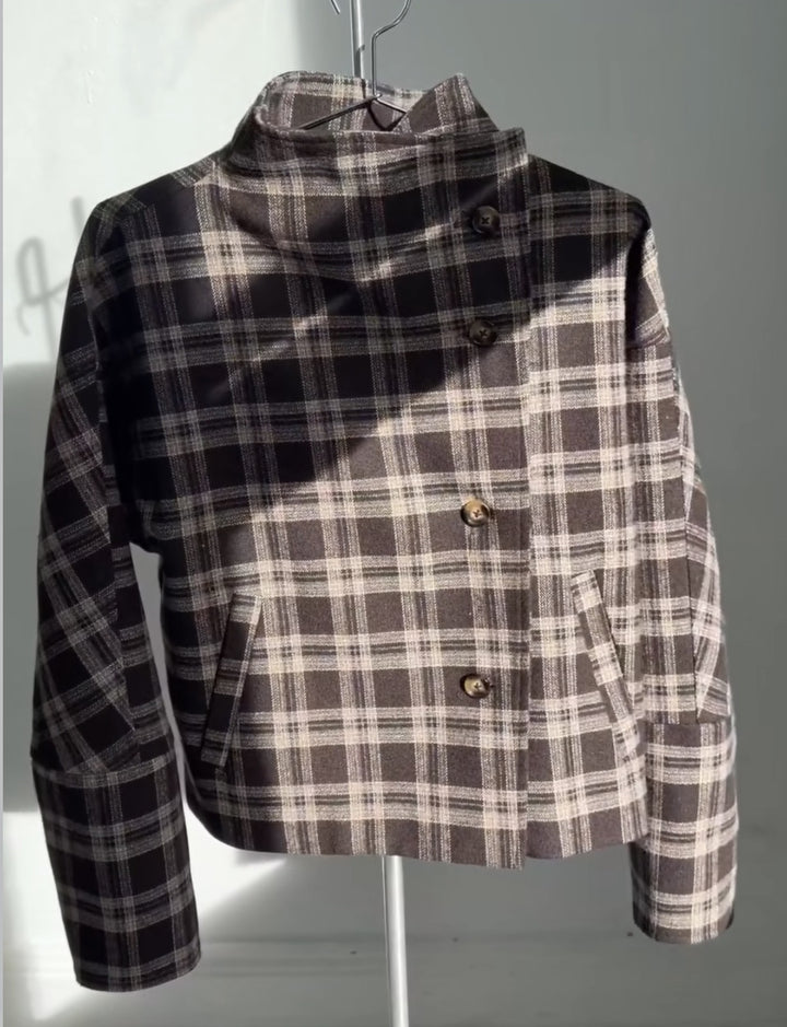 Damen Kurzer Wollmix‑Mantel mit asymmetrischer Knopfleiste und Stehkragen Drune