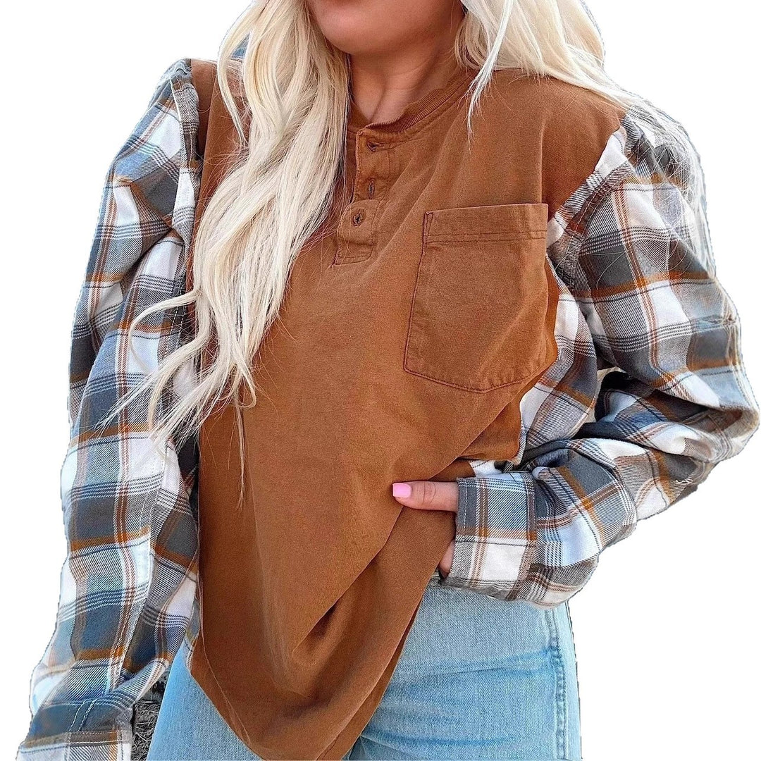 Damen nan weiter Henleypullover im Lagenlook mit karierten Ärmeln und Brusttasche Drune