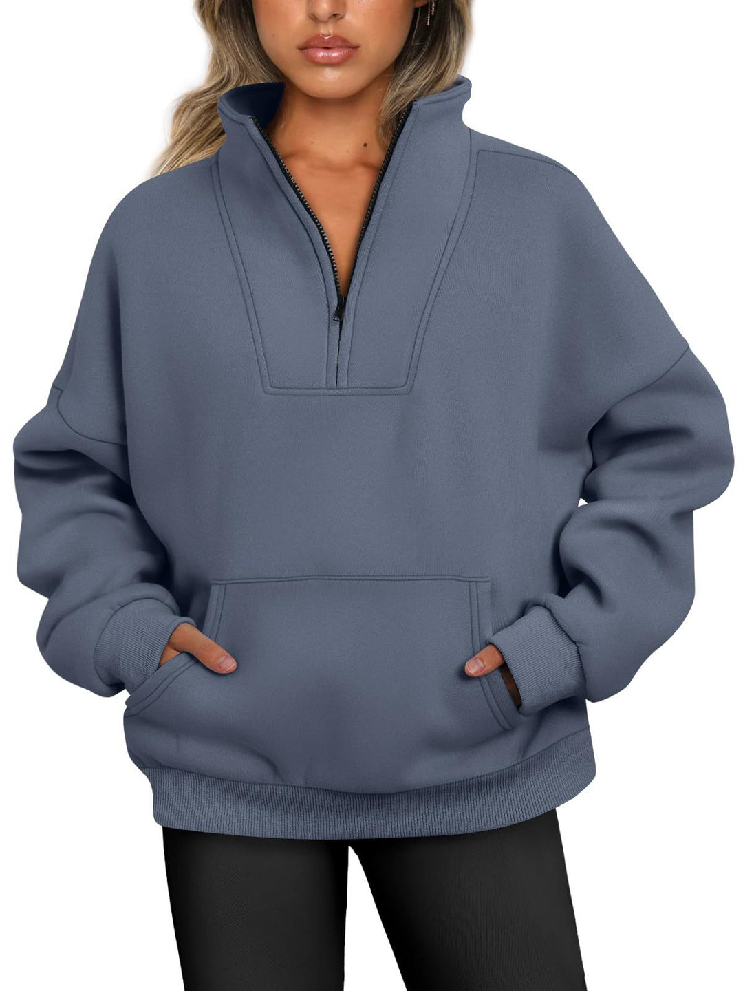 Damen nan oversized Halbzip-Hoodie mit hohem Stehkragen, Kängurutasche und gerippten Bündchen Drune