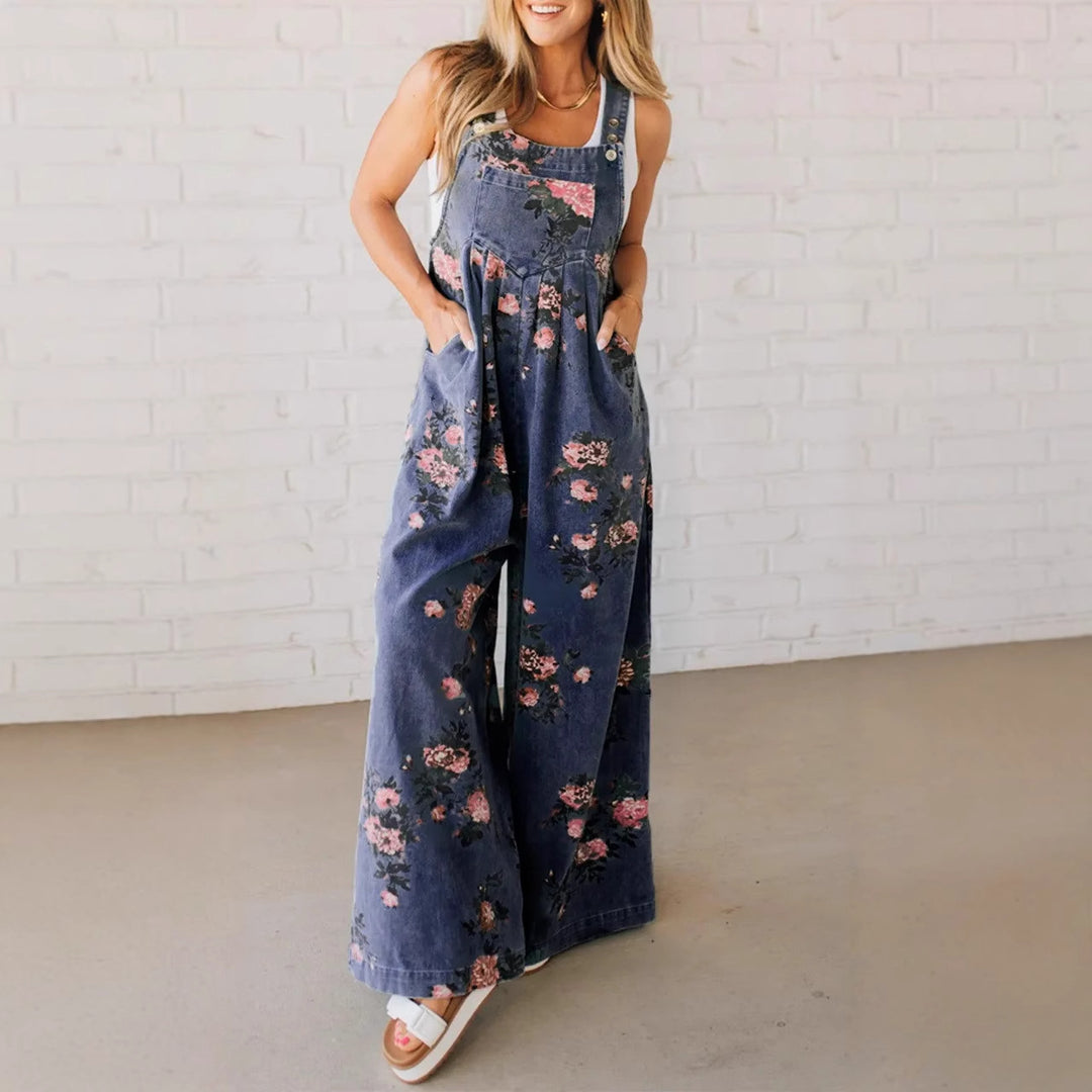 Damen Baumwoll-Overall mit floralem Druck und weiten Beinen Drune