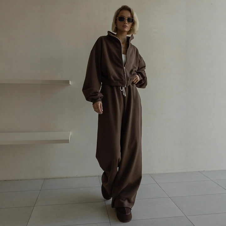 Damen lässiger Freizeitanzug mit cropped Jacke und bequemen Weitbeinen Drune