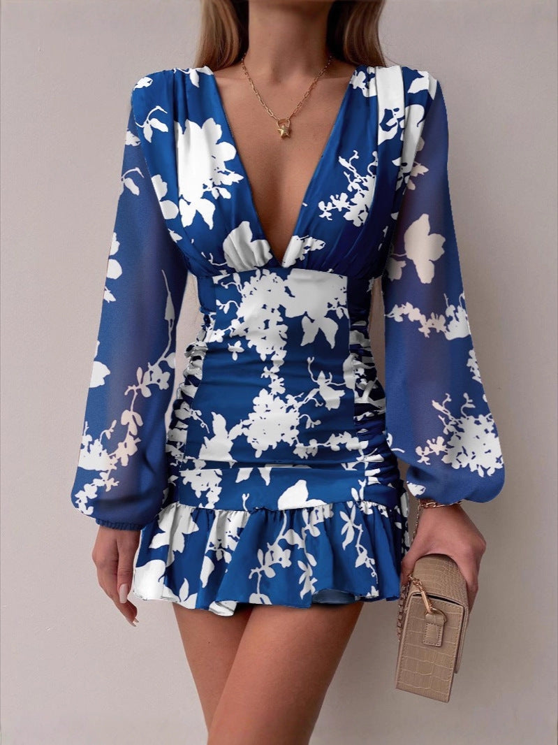 Damen Cocktailkleid mit tiefem V-Ausschnitt und funkelnden Puffärmeln Drune