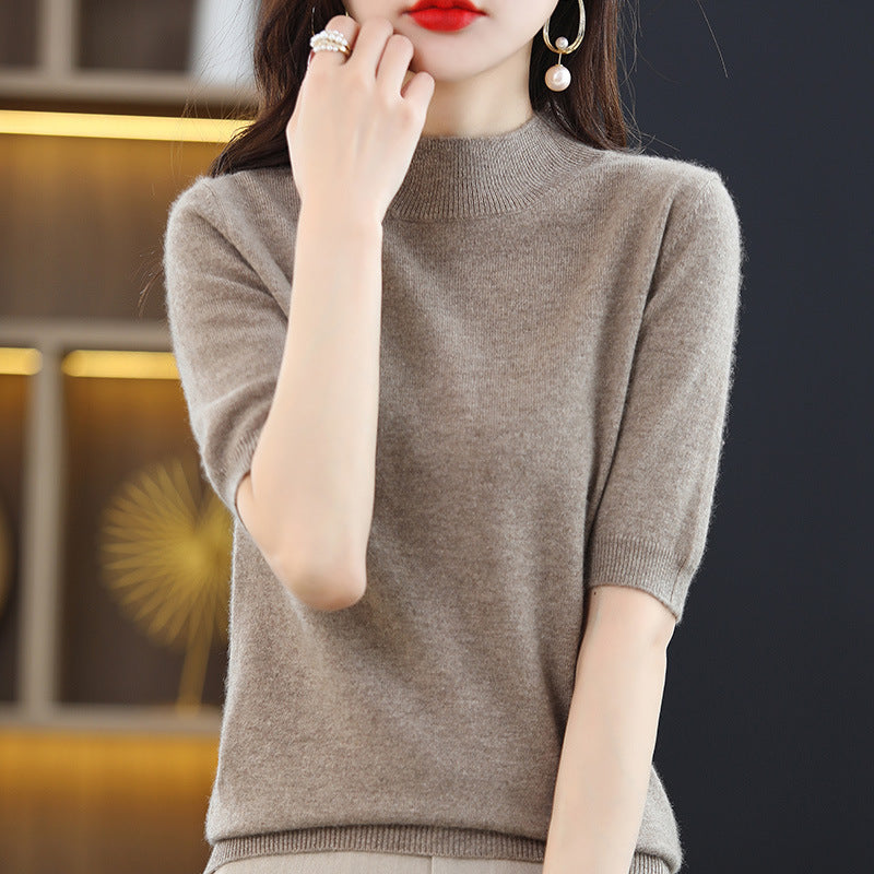 Damen Kurzärmeliger Feinstrick-Pullover mit halbem Rollkragen Drune