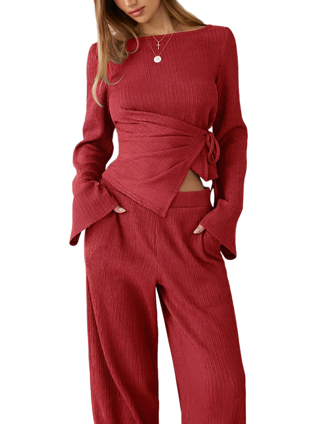 Damen Zweiteiliges geripptes Lounge-Set mit Wickeloberteil und weiter Hose Drune