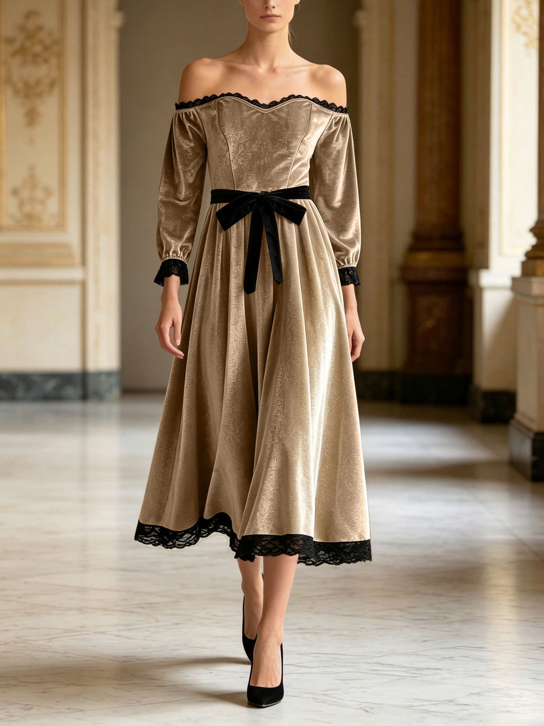 Damen Schulterfreies Samtkleid mit Spitzenbesatz, Samt-Taillengürtel und ausgestelltem Midirock Drune