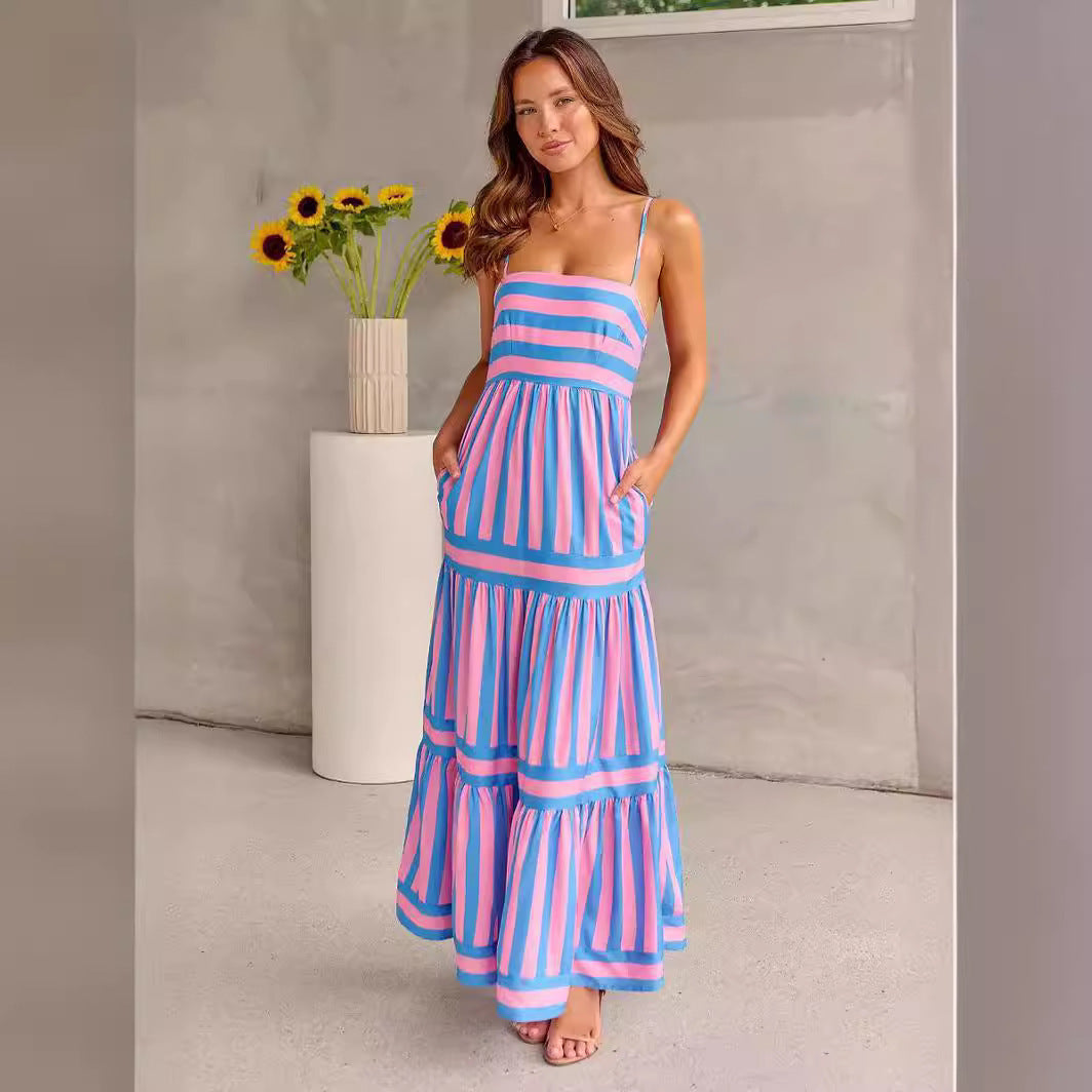 Damen Maxi-Kleid mit Streifenmuster und tiefem Ausschnitt Drune