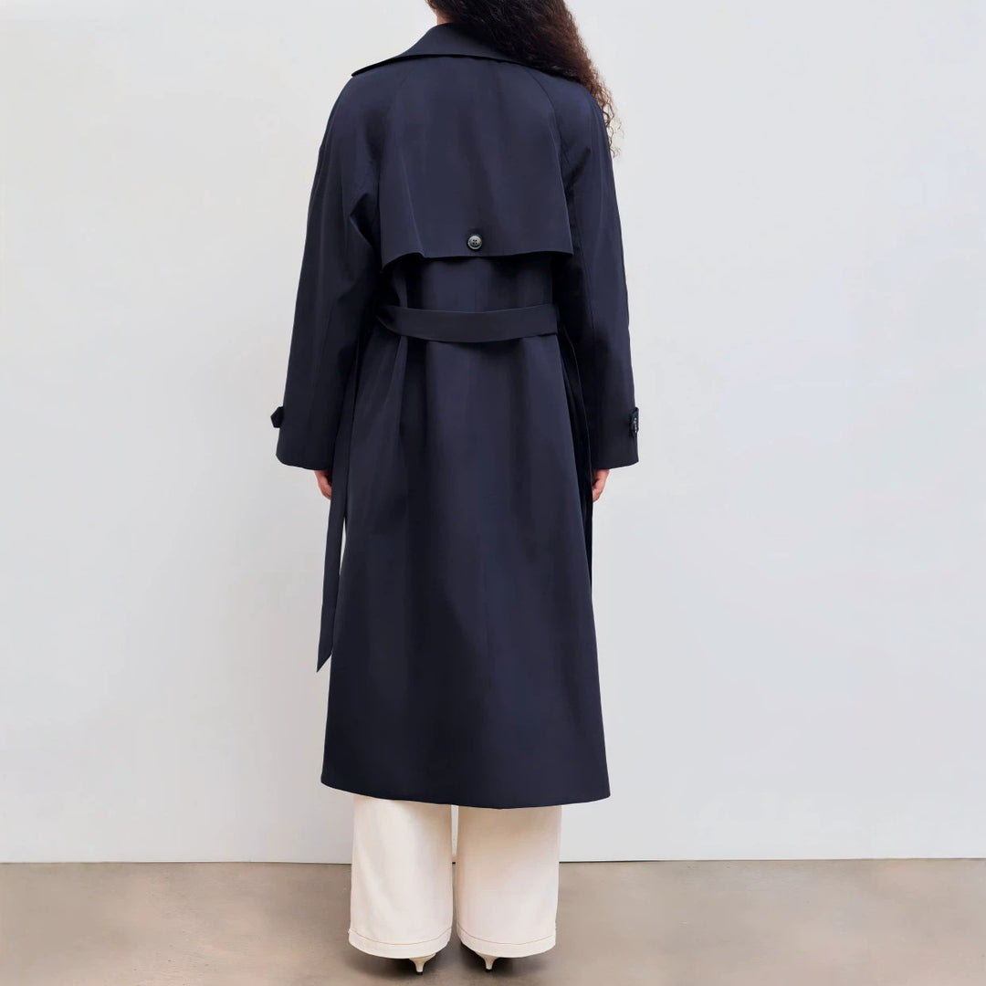 Damen Langer Trenchcoat-Mantel mit weiter Silhouette, Reverskragen und Taillengürtel Drune