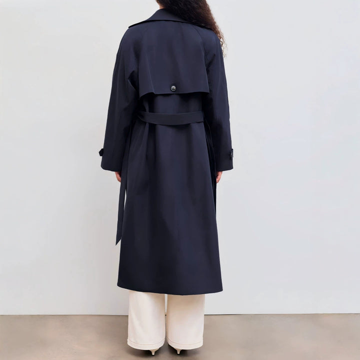 Damen Langer Trenchcoat-Mantel mit weiter Silhouette, Reverskragen und Taillengürtel Drune