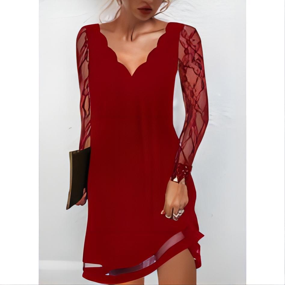 Damen Spitzenkleid mit V-Ausschnitt und eleganten Ärmeln Drune