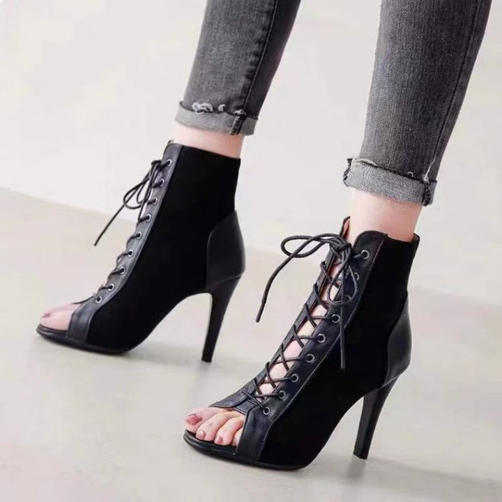 Damen Offene-Zehen Schnürstiefelette mit Wildleder-Optik und Stiletto-Absatz Drune