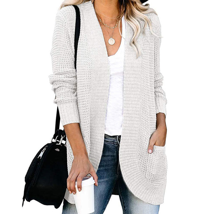 Damen Langer Offener Strickcardigan mit Taschen, Rippbündchen und strukturierter Waffeloptik Drune