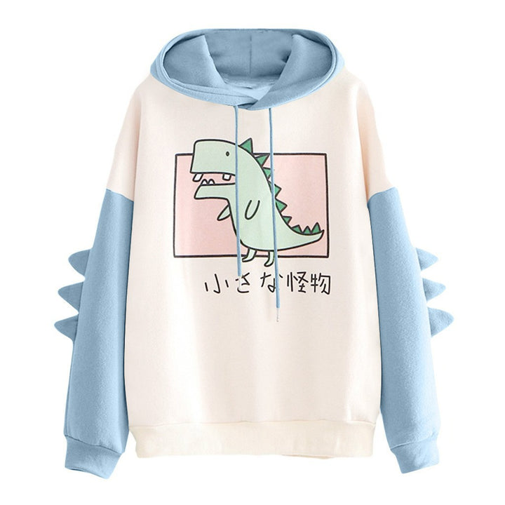 Damen nan weiter Kapuzenpullover mit dreidimensionalen Rückenstacheln und niedlichem Dino-Print Drune