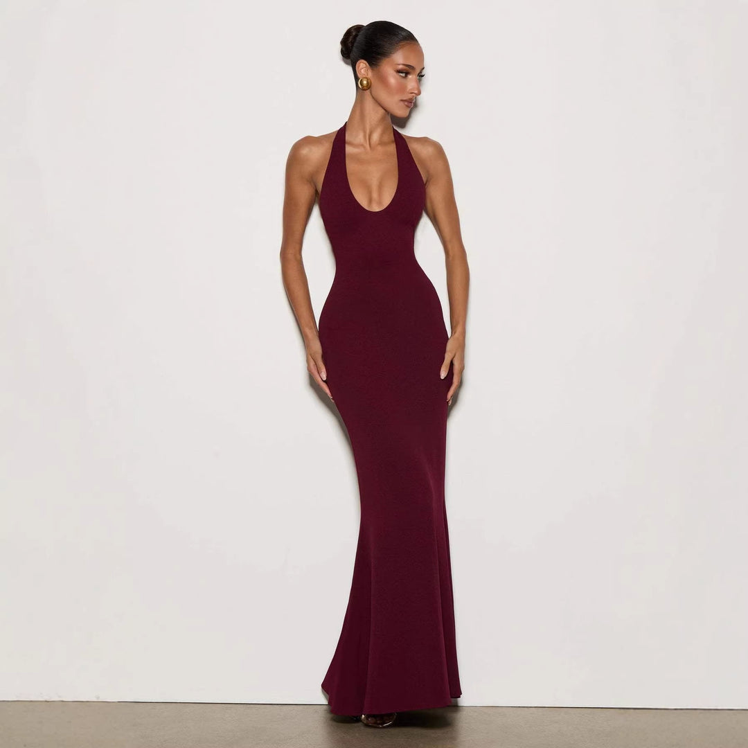 Damen Elegantes Bodenkleid mit tiefem V-Ausschnitt und figurbetontem Design Drune