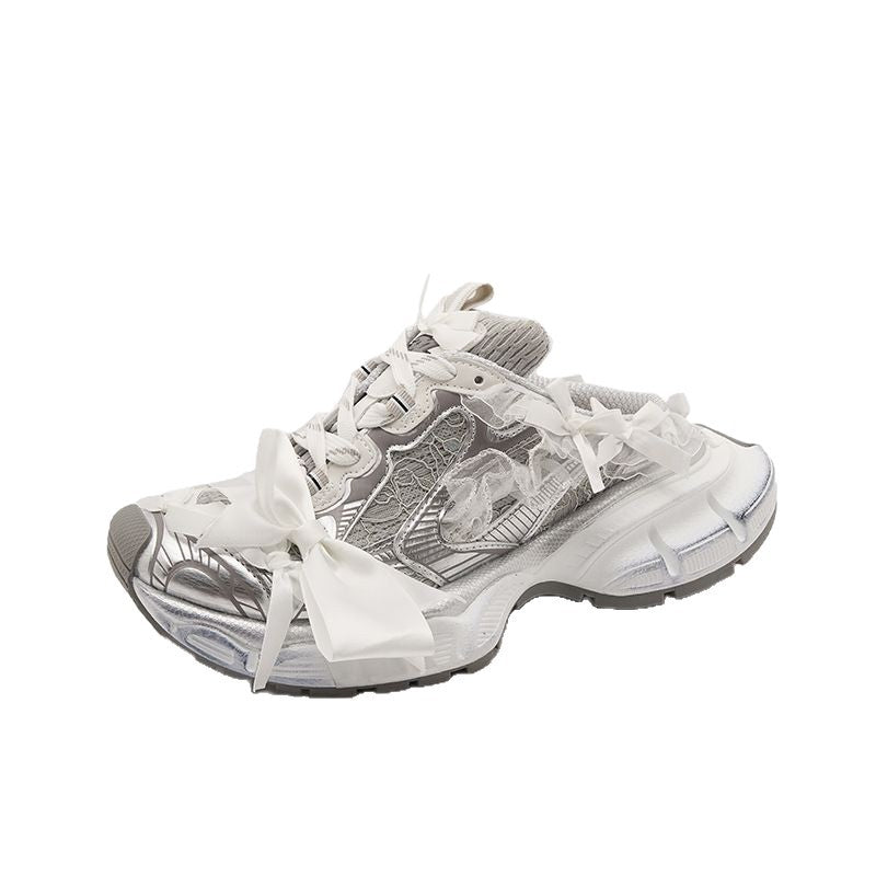 Damen Chunky-Sneaker-Mule mit Satin‑Schleife und Spitzenapplikation Drune