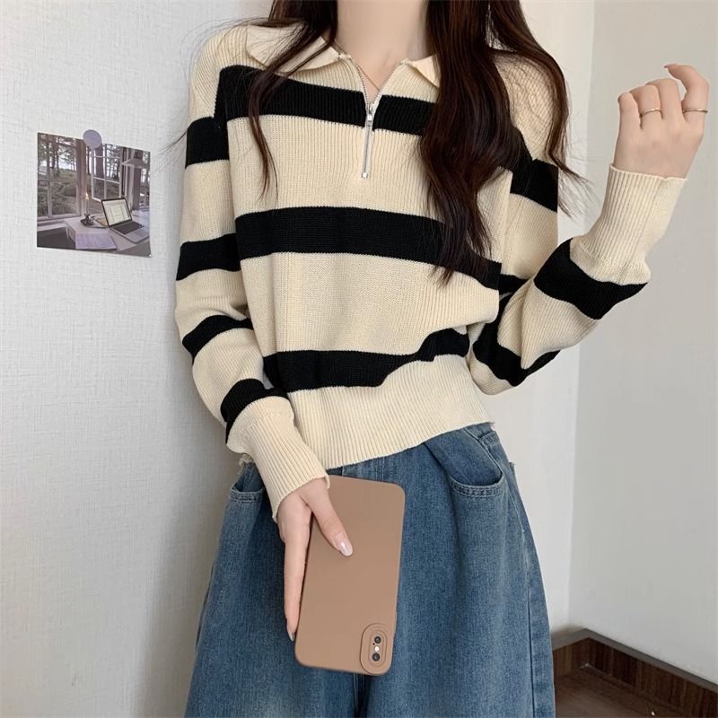 Damen Strickpullover mit Reißverschluss und Streifenmuster Drune