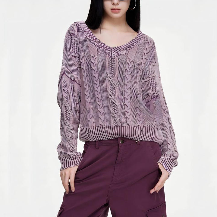 Damen Grobstrickpullover mit tiefem V-Ausschnitt und Zopfmuster Drune