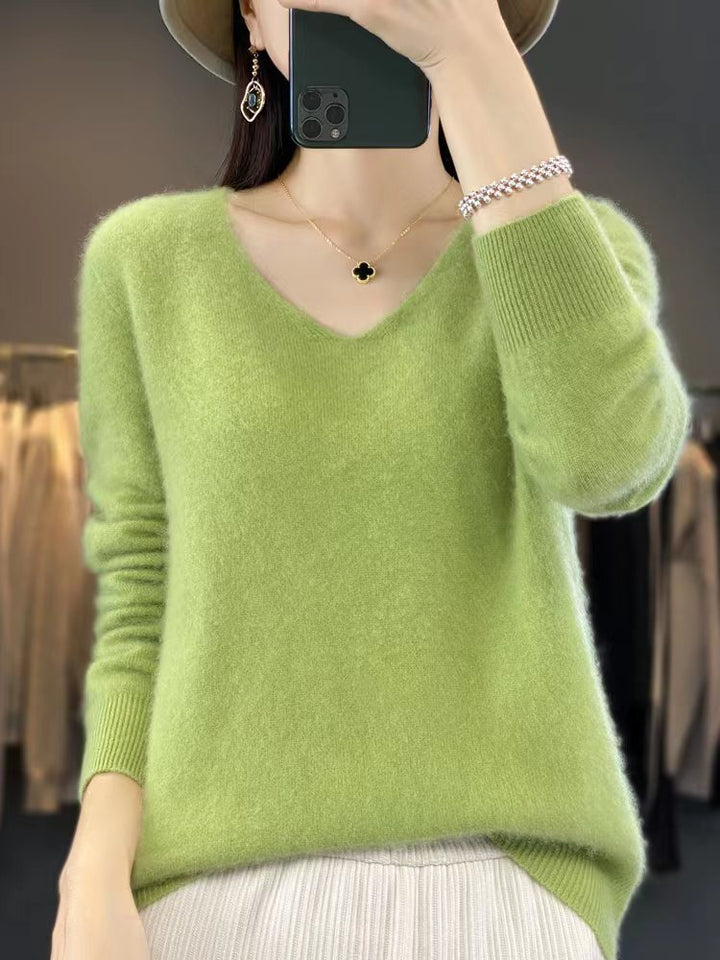 Damen Kuscheliger V‑Ausschnitt Feinstrickpullover aus Mohair‑Mix mit flauschiger Oberfläche Drune