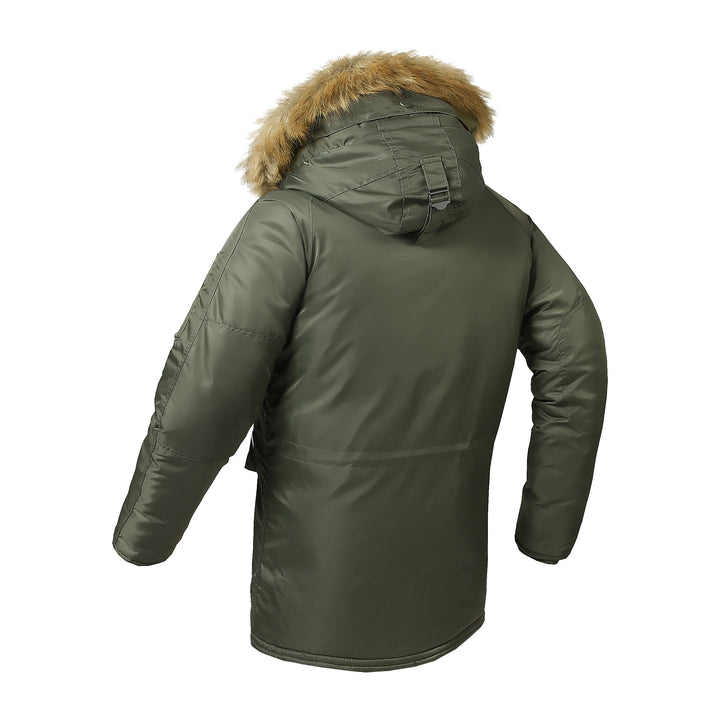 Herren langer thermoisolierter Parka mit Kunstfellkapuze und Utility‑Taschen Drune