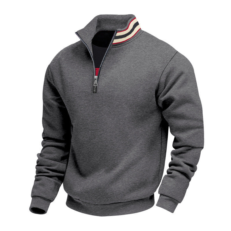Herren nan Stehkragen-Halbzip-Sweatshirt aus Baumwollfleece mit Kontraststreifen am Kragen und gerippten Bündchen Drune