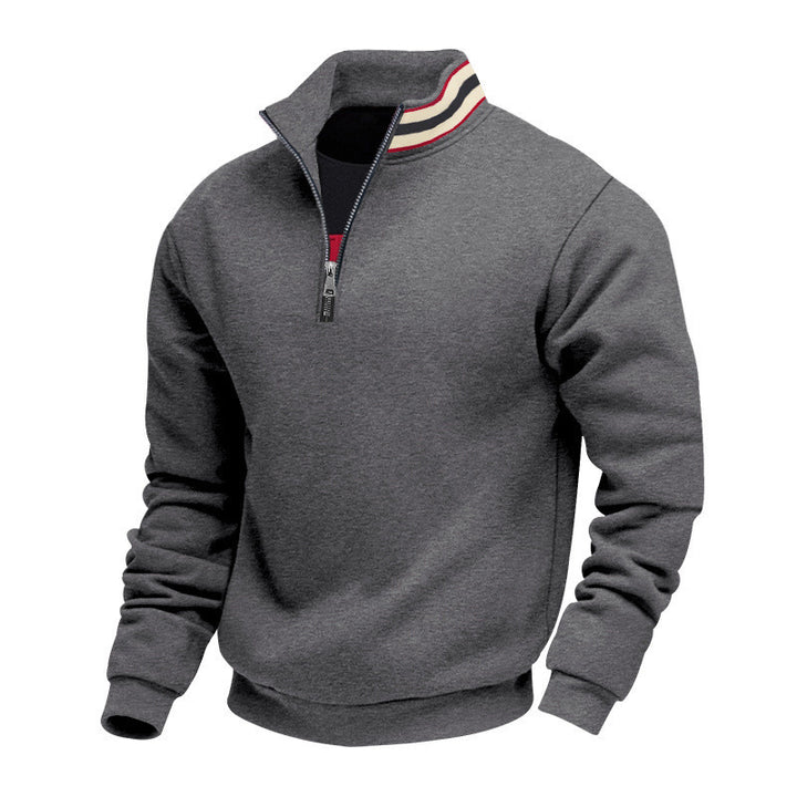 Herren nan Stehkragen-Halbzip-Sweatshirt aus Baumwollfleece mit Kontraststreifen am Kragen und gerippten Bündchen Drune