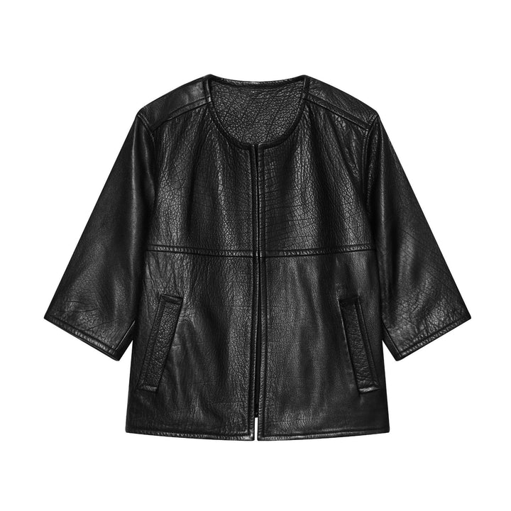 Damen Kurzarm-Lederimitatjacke mit Rundhalsausschnitt, geradem Schnitt und Eingrifftaschen Drune