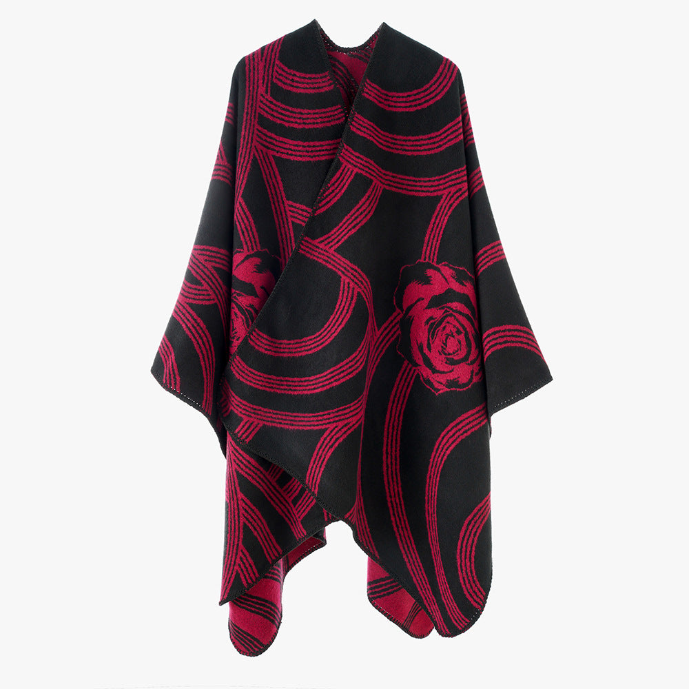 Damen Jacquard‑Capeponcho mit Rosendessin und Oversize‑Fall Drune