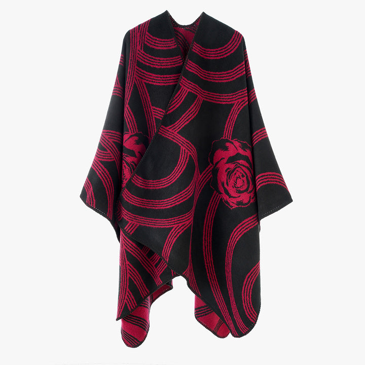 Damen Jacquard‑Capeponcho mit Rosendessin und Oversize‑Fall Drune