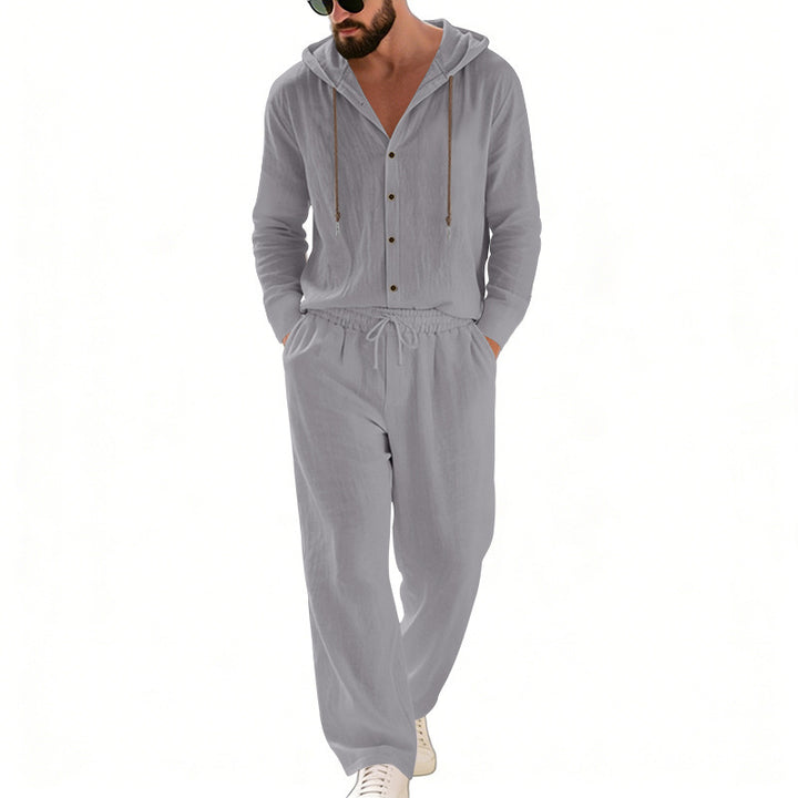 Herren nan legeres Kapuzen-Lounge-Set mit Knopfleiste, Kordelbundhose und seitlichen Eingrifftaschen Drune
