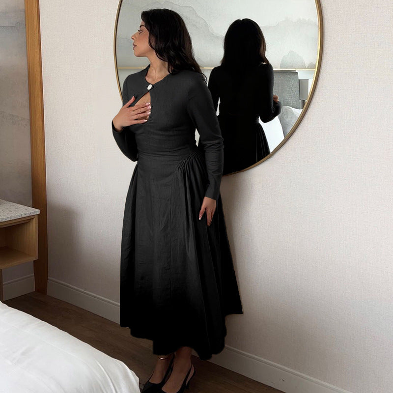 Damen elegantes Midikleid mit schickem Ausschnitt und taillierter Silhouette Drune