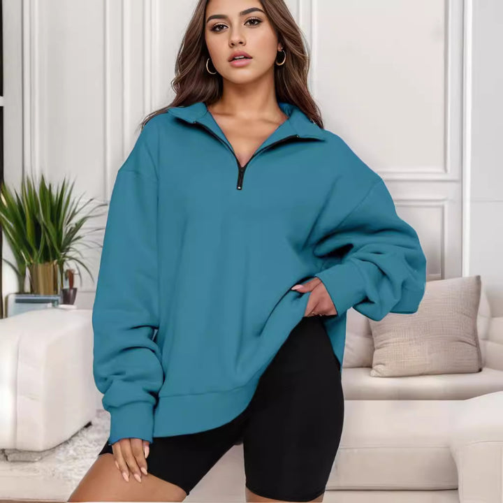 Damen nan übergroßes Sweatshirt mit Halbreißverschluss und Stehkragen Drune