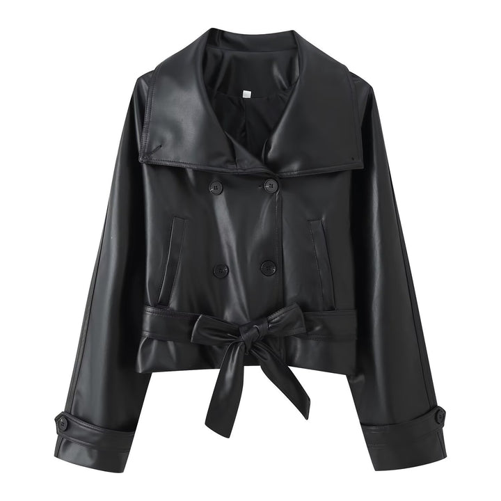 Damen 100+ Cropped Kunstleder-Trenchblouson mit doppelreihiger Knopfleiste und Taillengürtel Drune