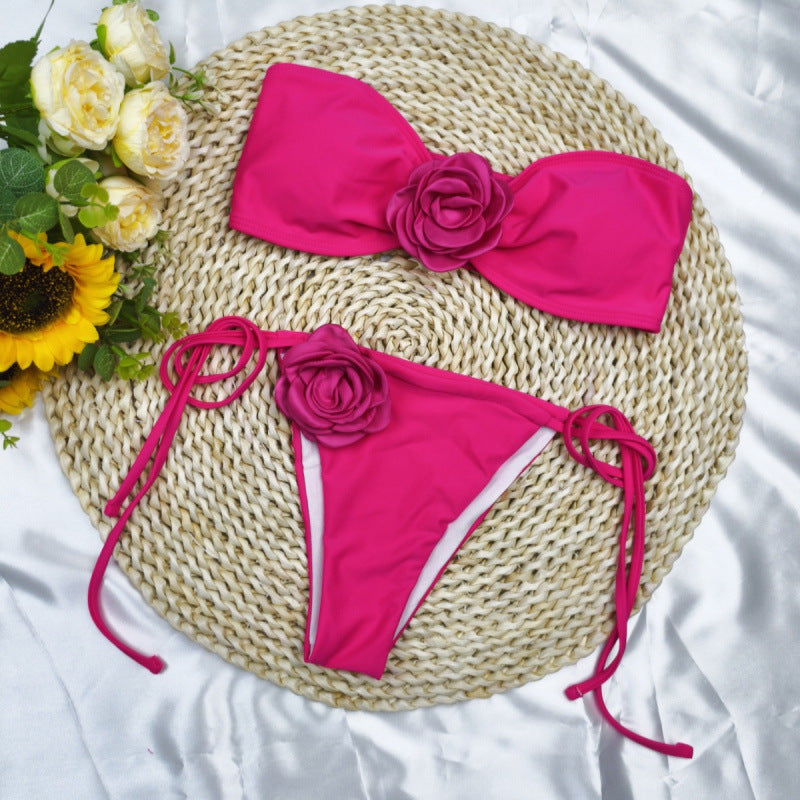 Damen Bandeau-Bikini mit floralem Akzent und verstellbaren Trägern Drune