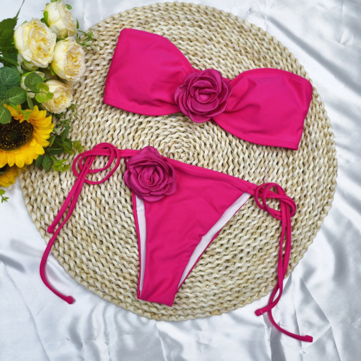 Damen Bandeau-Bikini mit floralem Akzent und verstellbaren Trägern Drune