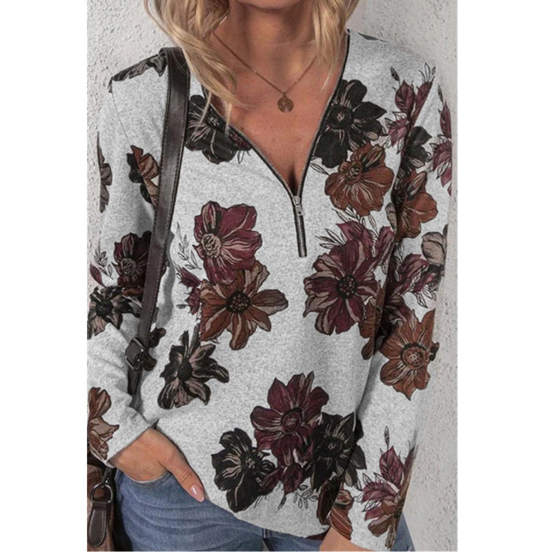 Damen lockeres V-Ausschnitt Longsleeve-Shirt mit kurzem Reißverschluss und floralem Allover-Druck Drune