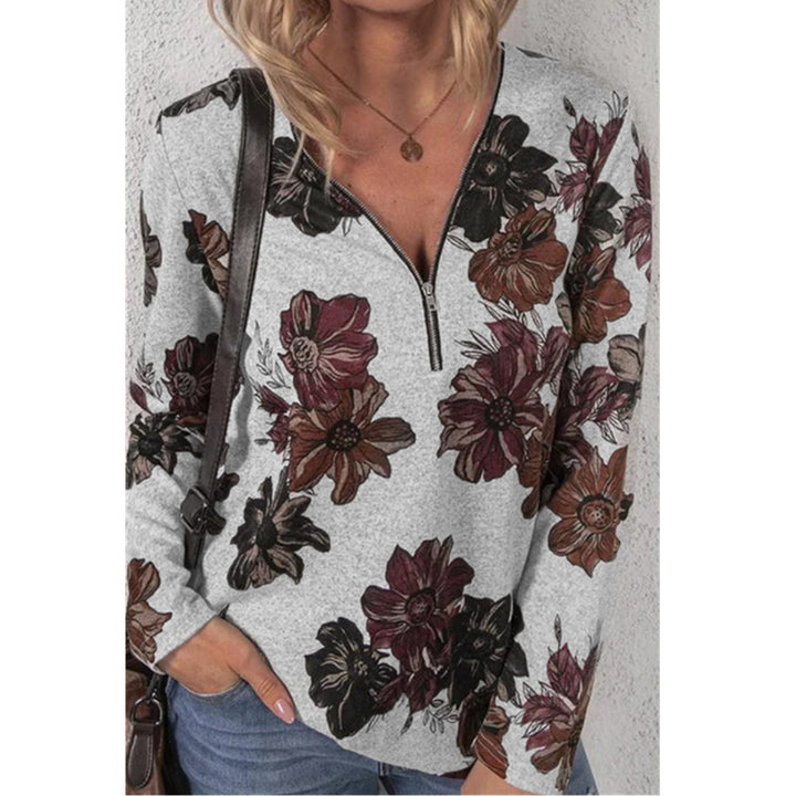 Damen lockeres V-Ausschnitt Longsleeve-Shirt mit kurzem Reißverschluss und floralem Allover-Druck Drune