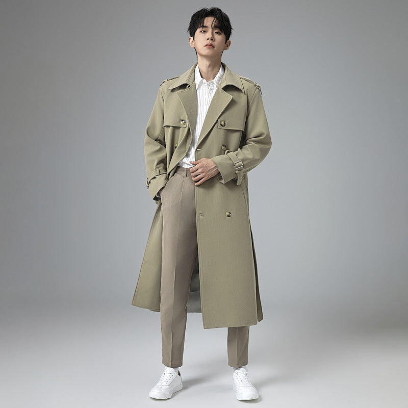 Herren Moderner Maxilanger Doppelreihiger Trenchcoat mit klassischem Revers und verstellbaren Manschetten Drune