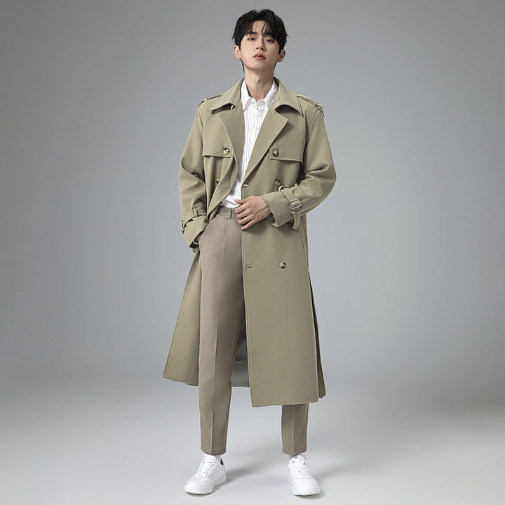 Herren Moderner Maxilanger Doppelreihiger Trenchcoat mit klassischem Revers und verstellbaren Manschetten Drune