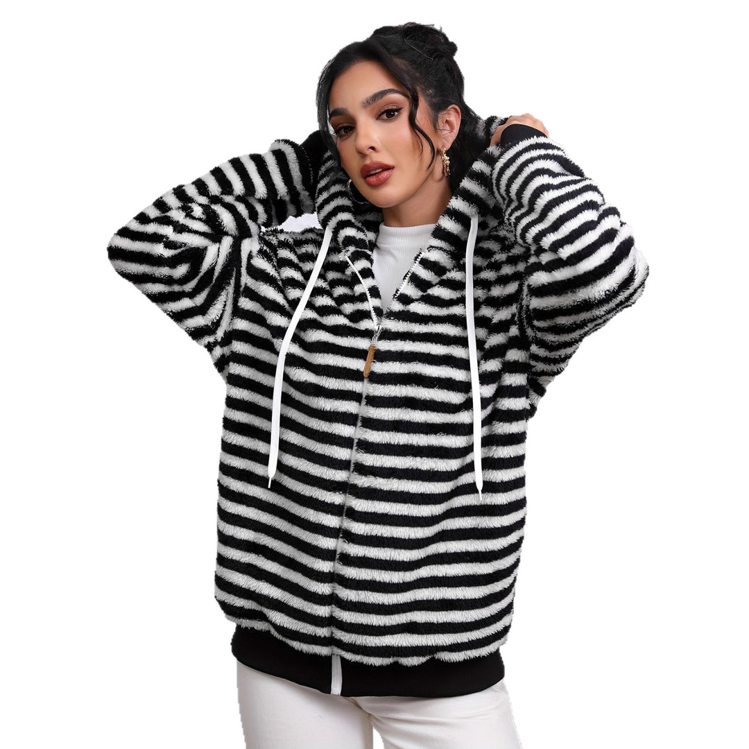 Damen kuschelige Kapuzenjacke mit gestreiftem Design und großer Tasche Drune