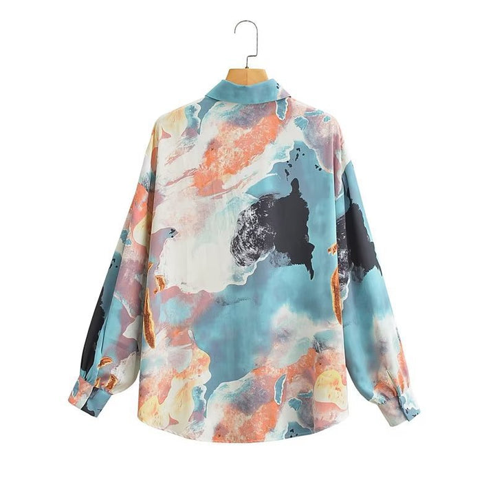 Damen Seidenoptik-Hemdbluse mit abstraktem Print und Oversize-Schnitt Drune