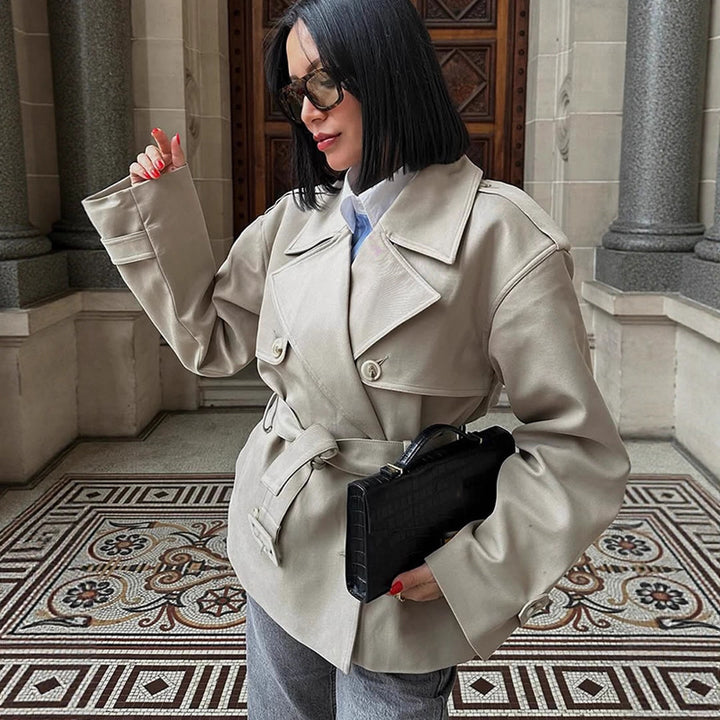 Damen Kurzjacke im Trench-Stil mit taillierendem Bindegürtel und weitem Ärmel Drune